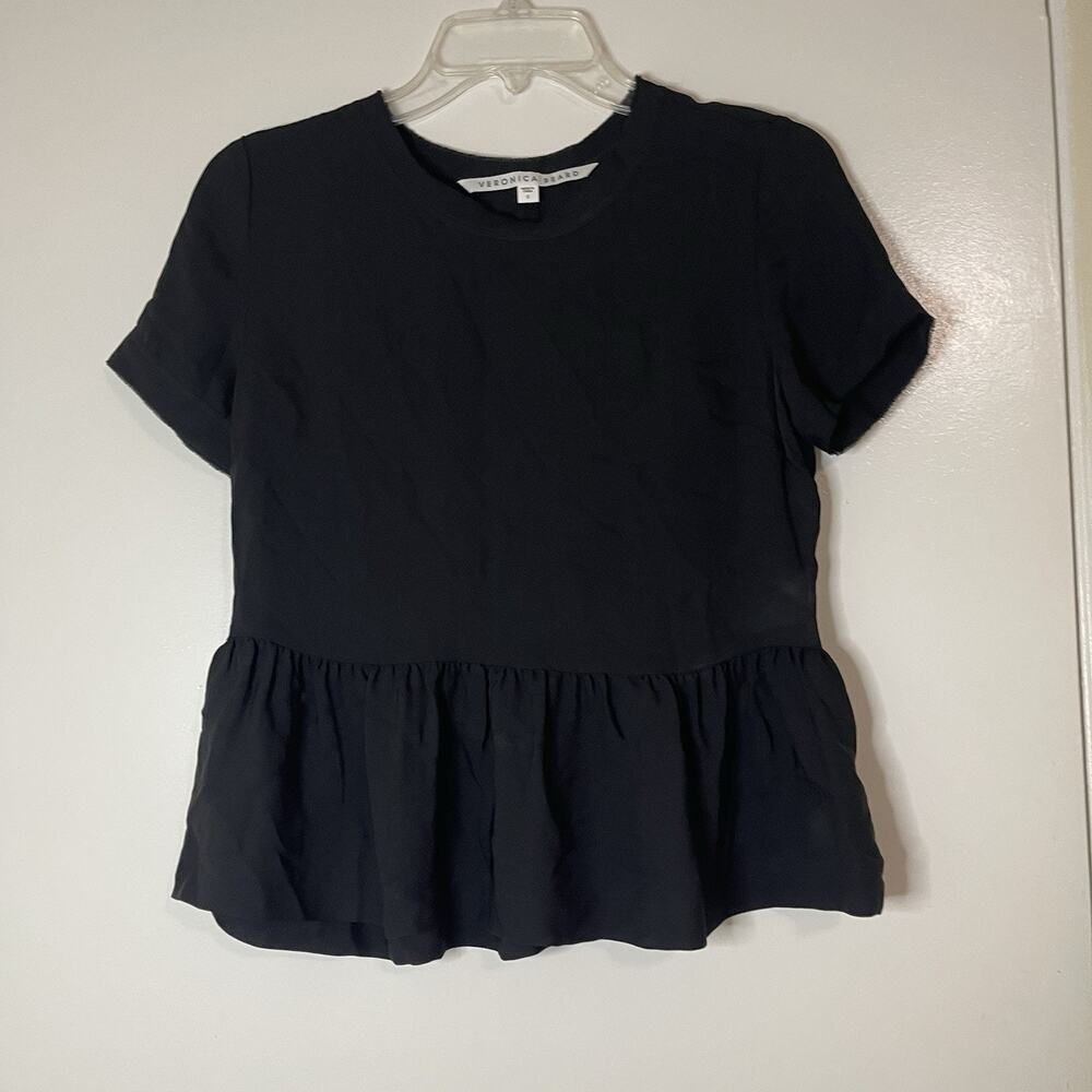 Veronica Beard Black ruffle hem short sleeve chiffon silk blouse top size 0